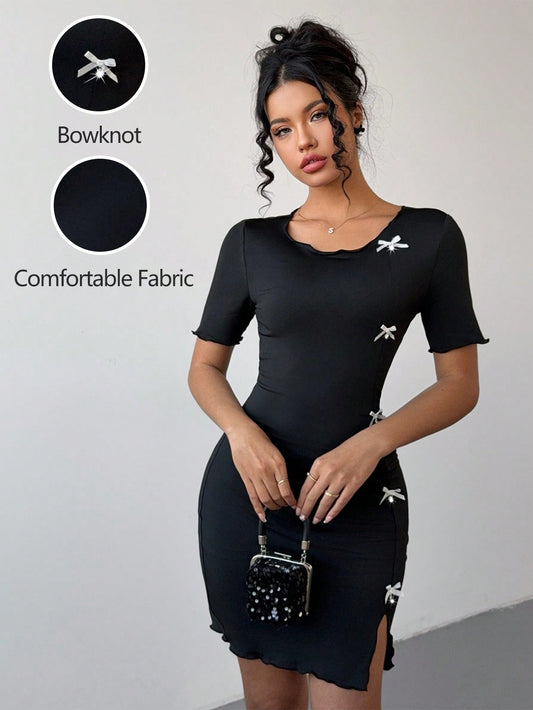 Rafferiza Vestido entallado de mujer de color negro sólido con lazo en la cintura