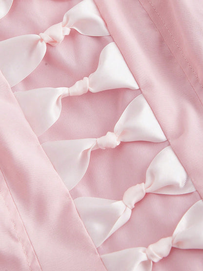 SHEIN MOD Vestido elegante rosa con lazo en la parte delantera y borde de malla, vestido de fiesta, atuendo de Año Nuevo, vestido de San Valentín, vestido de corsé con lazo, atuendos de festival