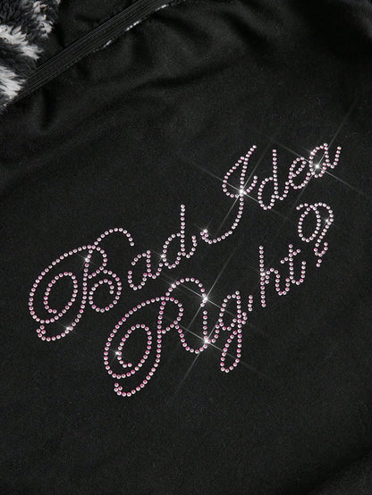ROMWE Kawaii Camiseta casual para mujer con hombros descubiertos, adornada con peluche de cebra, cristales y strass estilo Y2K para otoño/invierno