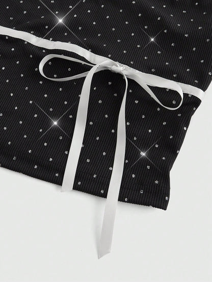 ROMWE Kawaii Conjunto de 2 piezas de top camisero y chaqueta con lazo y lunares románticos para Año Nuevo y San Valentín para mujeres