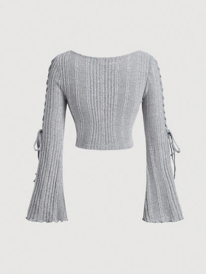 SHEIN MOD Camiseta de manga larga con cuello redondo acanalado y lazo, de felpa para mujer para otoño e invierno