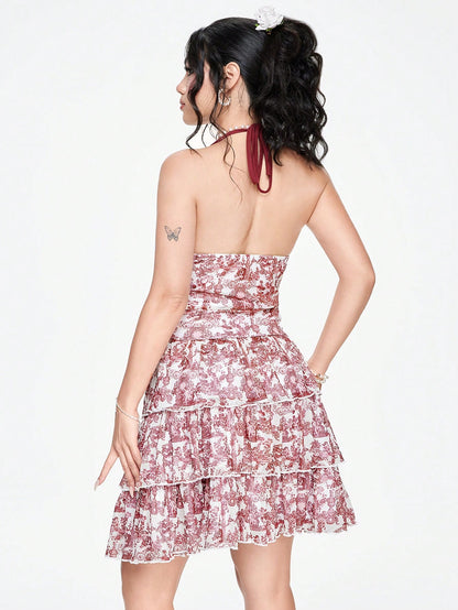 ROMWE Fairycore Vestido de verano para mujer estilo cami de renacimiento retro de palacio, con estampado completo y volantes