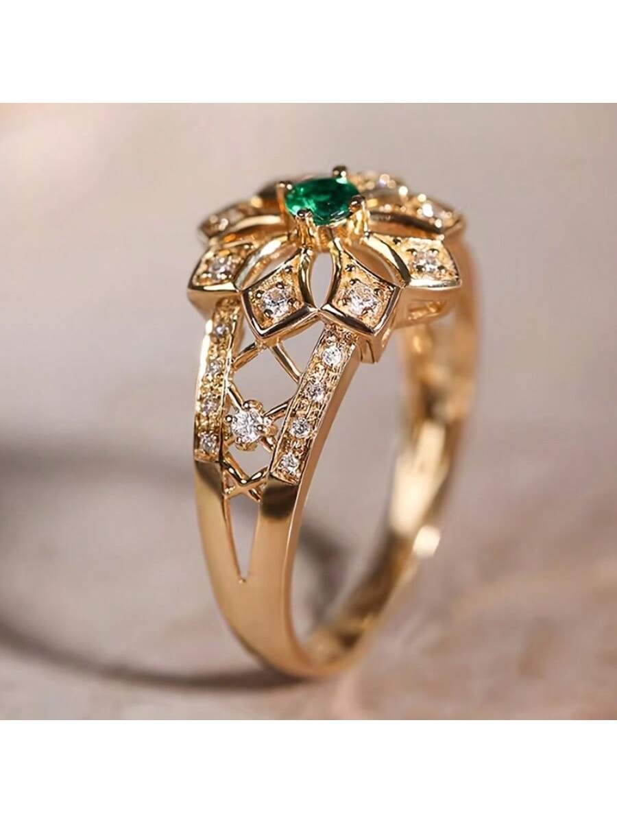 1 anillo de flor de topacio verde sintético vintage, con forma redonda y hueca, adecuado para el uso diario de las mujeres, joyería para bodas y fiestas, compromiso, regalo de aniversario
