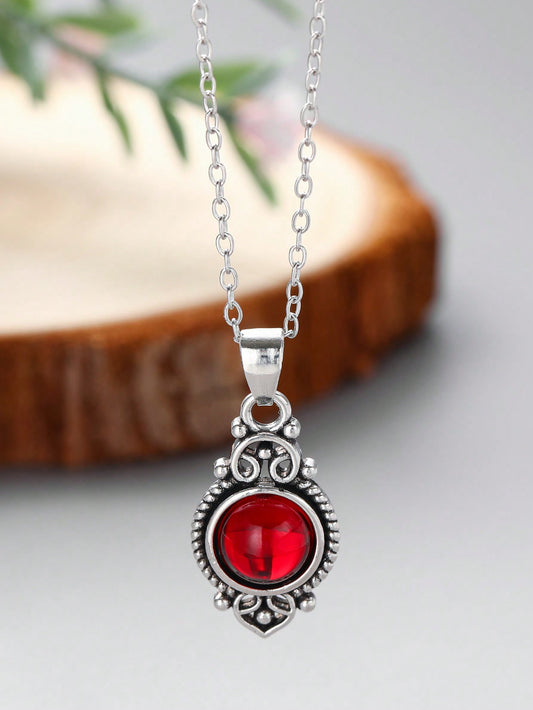 1 Pieza Collar Colgante De Granate Bohemio Vintage Para Mujer Con Diseño Creativo Y Hermoso Grabado Rojo, Accesorios De Joyería Personalizados