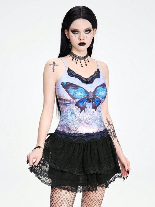 ROMWE Grunge Punk Camisola de encaje minimalista y sexy con bajo asimétrico, estampado de mariposa y paisaje, decoración de lazo para mujeres