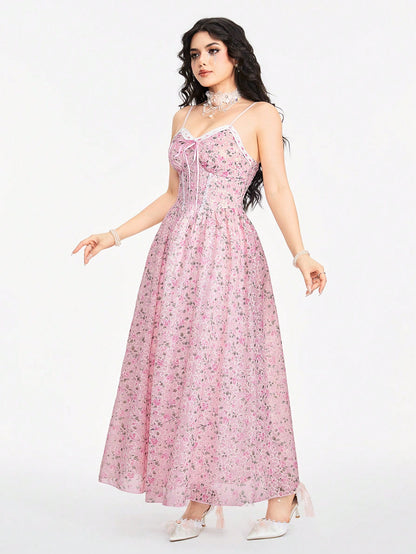 ROMWE Kawaii Vestido de tirantes finos con estilo romántico y campestre para niñas, de diseño de retazos con estampado floral diminuto y volante con encaje en el bajo