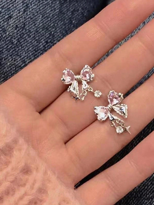 2 piezas Aretes con cristales y lazo, estilo minimalista elegante y único