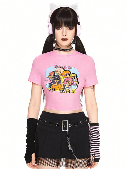 ROMWE Anime Camiseta corta de verano informal con estampado de dibujos animados