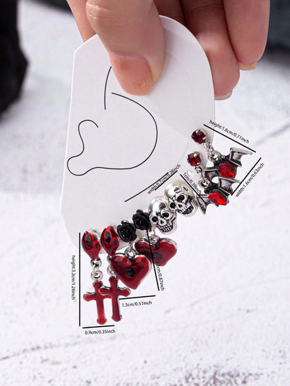 Juego de 8 piezas de aretes góticos de vampiro, conjunto de aretes con cruz roja, corazón, calavera y murciélago para mujeres en San Valentín