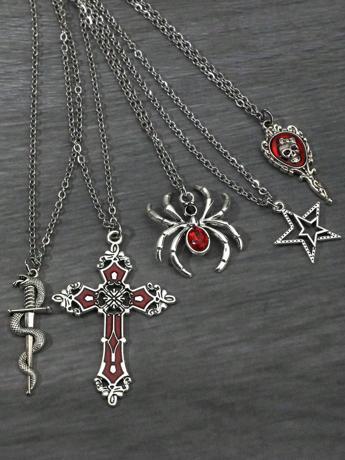 Set de 5 collares con colgantes de araña con diamantes de imitación, cruz, estrella, calavera, serpiente y media luna en estilo espejo, con cadena de acero inoxidable, en bohemia, hip hop y de personalidad.