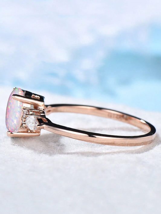 1 Pieza Anillo De Promesa De Moda Con Óvalo Opal Reflejando Luces Multicolor Y Diamante De Imitación Brillante, Anillo Para Mujeres De Compromiso/boda
