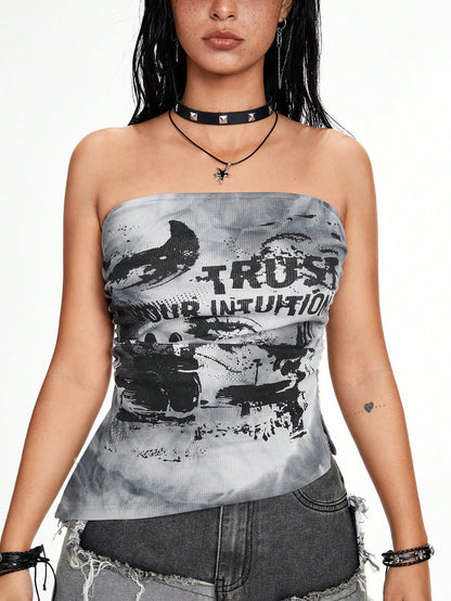 ROMWE Grunge Punk Top tubo ajustado corto con estampado de ojo en tie-dye negro y gris, bajo asimétrico, estilo punk del páramo