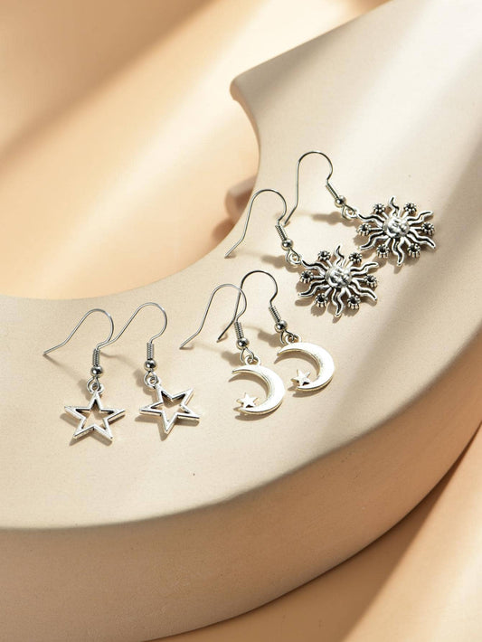 3 pares/set Pendientes largos moda aleación de zinc estrella y luna para mujeres para regalo