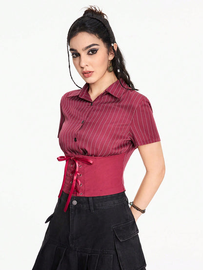 ROMWE Fairycore Blusa casual de mujer de verano con manga corta, rayas y cintura con cordón, para la escuela