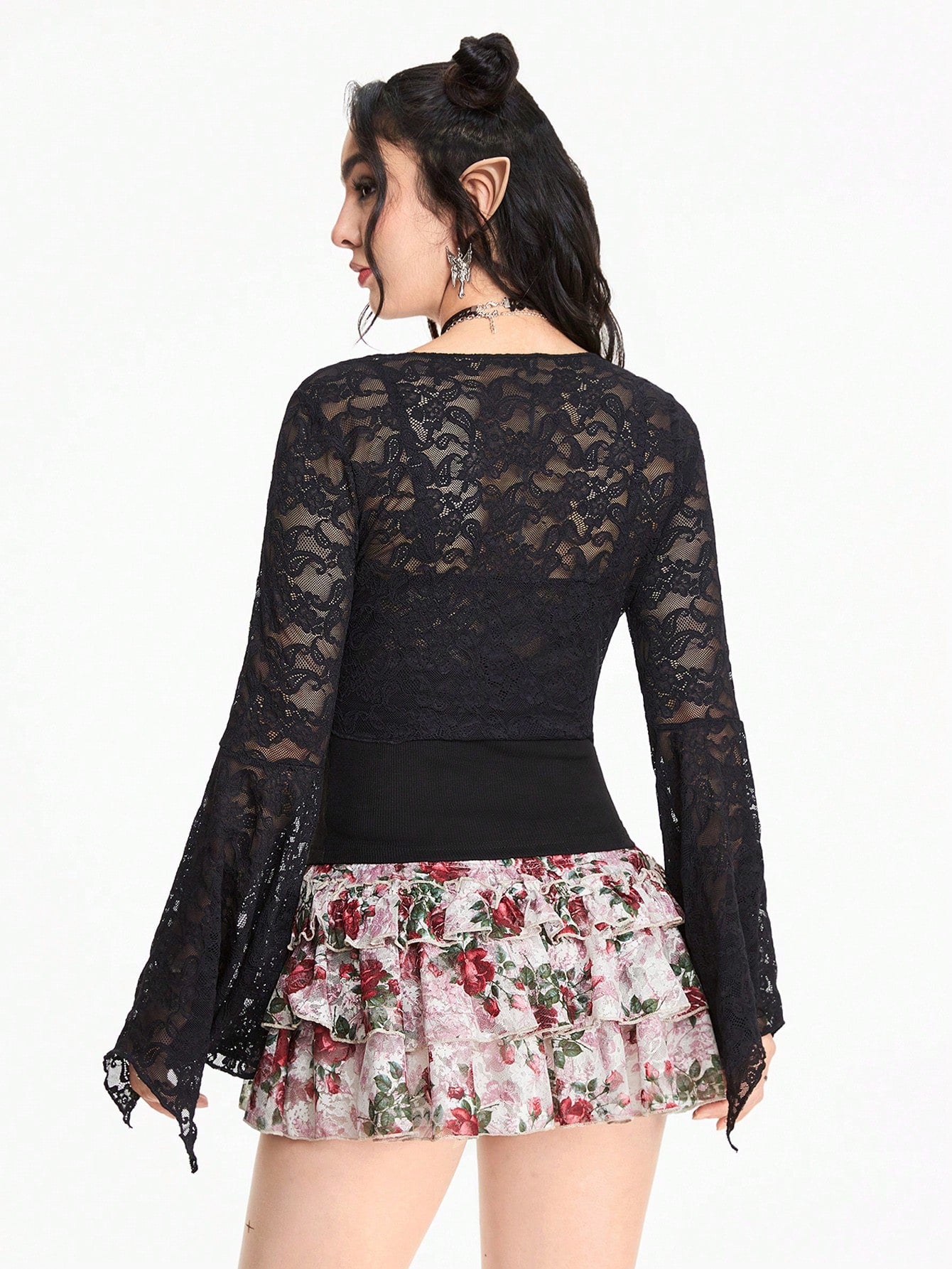 ROMWE Hippie Blusa informal con mangas largas, patchwork de encaje y nudo en la parte delantera para mujeres