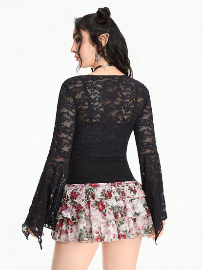 ROMWE Hippie Blusa informal con mangas largas, patchwork de encaje y nudo en la parte delantera para mujeres