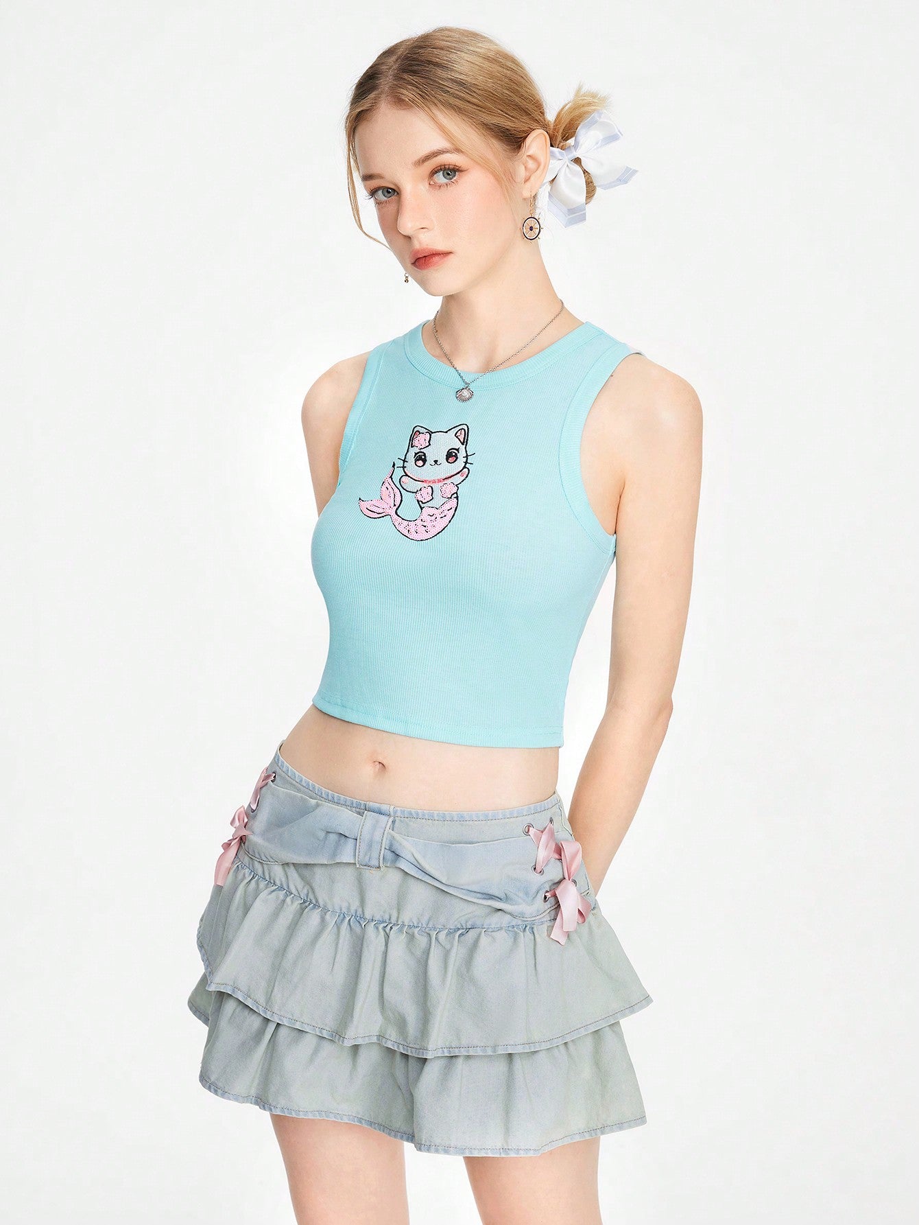 ROMWE Kawaii Lindo top corto de estilo universitario para mujer con estampado de gato dibujos animados para el verano