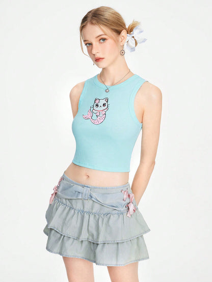 ROMWE Kawaii Lindo top corto de estilo universitario para mujer con estampado de gato dibujos animados para el verano