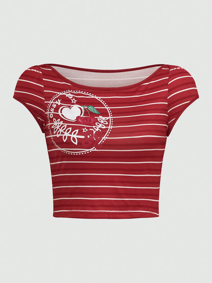 SHEIN Qutie Camiseta casual de manga corta con cuello redondo y estampado de rayas y corazones para mujer en verano