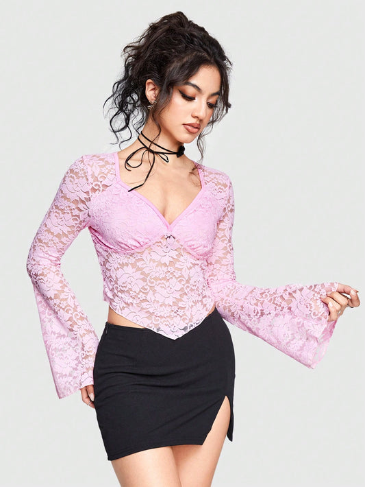 Sweetness Blusa De Manga Acampanada Y Encaje De Color Sólido Para Mujeres