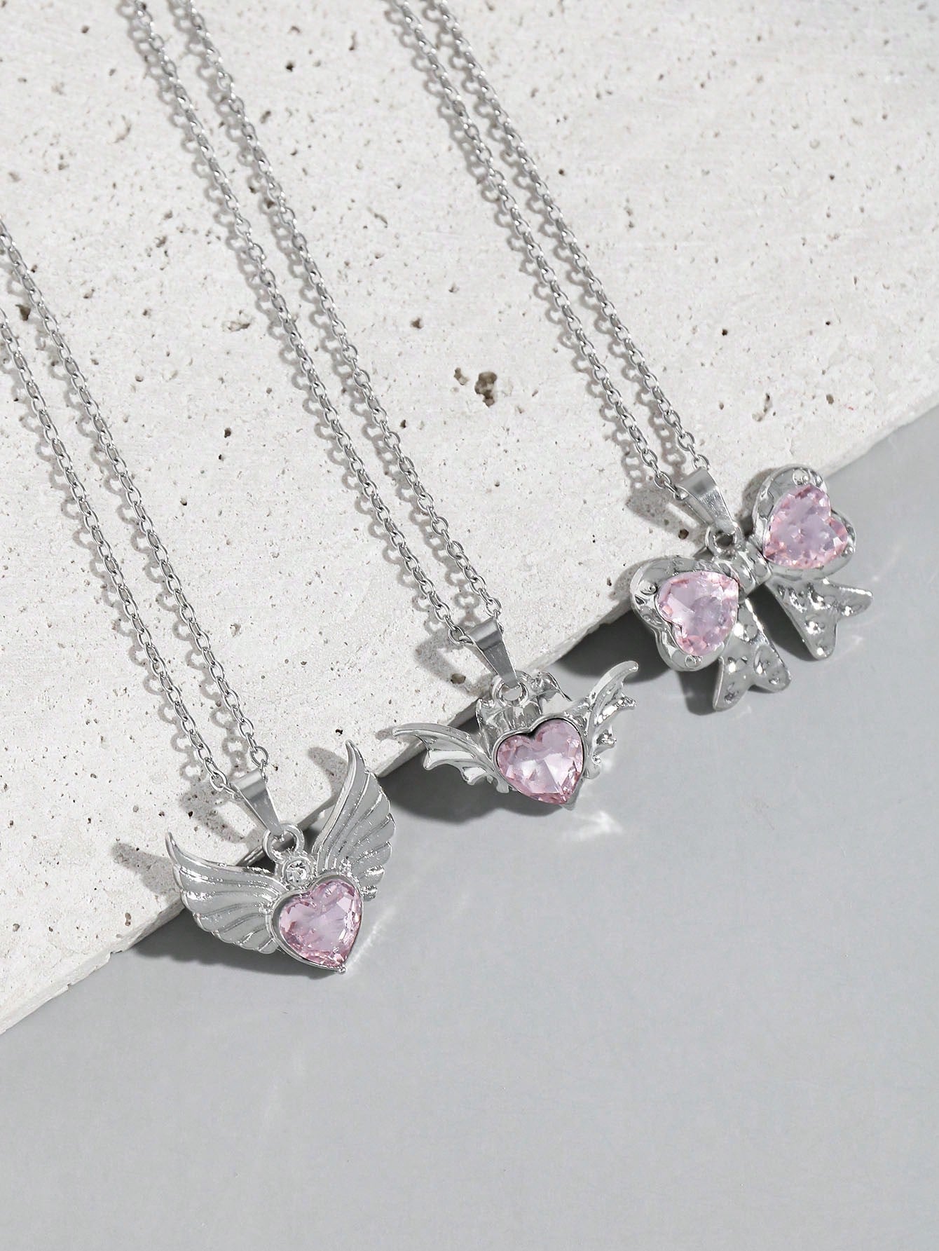 ROMWE Kawaii Set de 3 collares de corazón con detalle de lazo de cristal de color rosa con incrustaciones de estilo europeo y estadounidense INS, perfecto para San Valentín