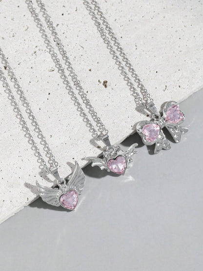 ROMWE Kawaii Set de 3 collares de corazón con detalle de lazo de cristal de color rosa con incrustaciones de estilo europeo y estadounidense INS, perfecto para San Valentín
