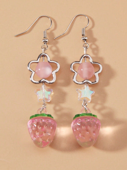 ROMWE Kawaii Linda Estrella De Arcilla Polimérica Con Cuentas, Pendiente Con Diseño De Fresa Y Colgante, Regalo De Joyería