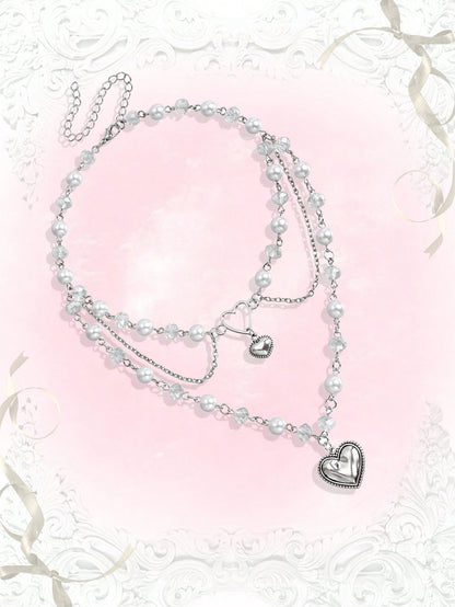 ROMWE Kawaii 1 pieza Lindo collar colgante con perla falsa, corazones y borlas para el Día de San Valentín