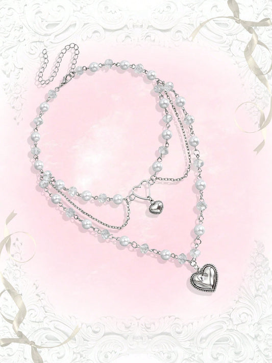 ROMWE Kawaii 1 pieza Lindo collar colgante con perla falsa, corazones y borlas para el Día de San Valentín