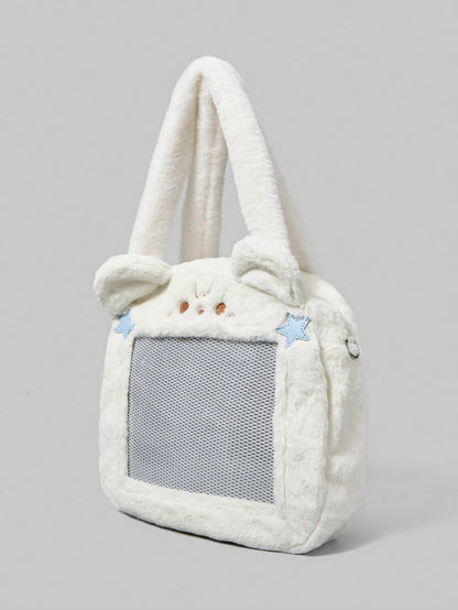 ROMWE Kawaii Bolso de mano de peluche con diseño de gato y flores para uso diario y viajes de mujeres