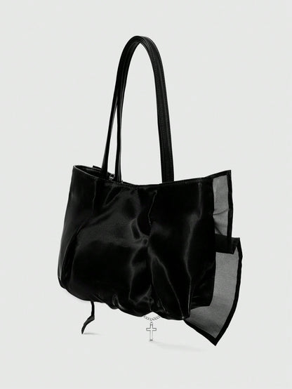 ROMWE Goth Bolso de hombro de estilo gótico para mujer con volantes, decoración de mariposa y cruz