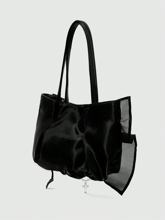 ROMWE Goth Bolso de hombro de estilo gótico para mujer con volantes, decoración de mariposa y cruz