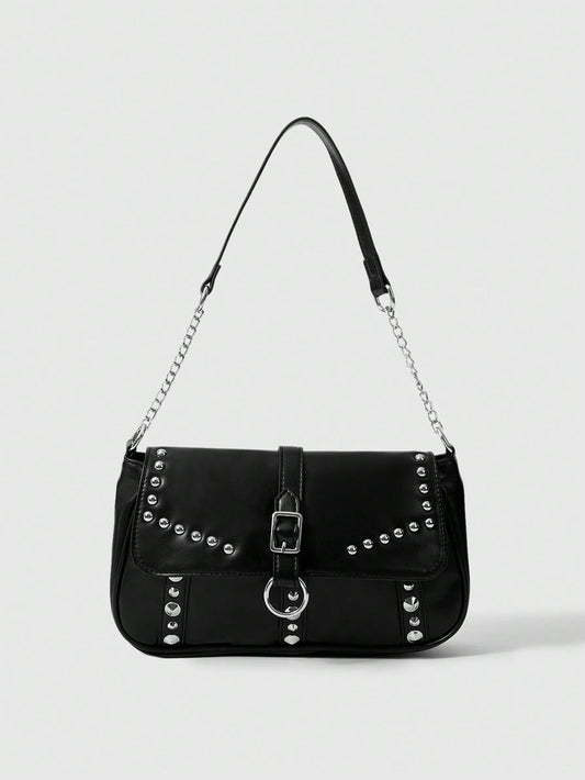 ROMWE Goth 1 pieza Bolso de hombro negro con decoración de remaches de estilo punk para mujer, apto para uso diario y citas