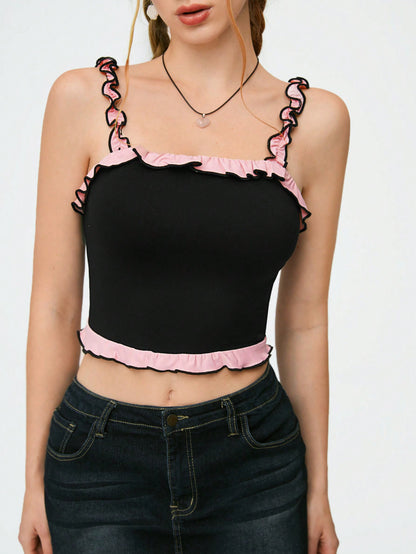 SHEIN Qutie Camiseta De Tirantes Para Mujer Simple Y Dulce Con Dobladillo Con Volantes Para Deportes Y Ballet