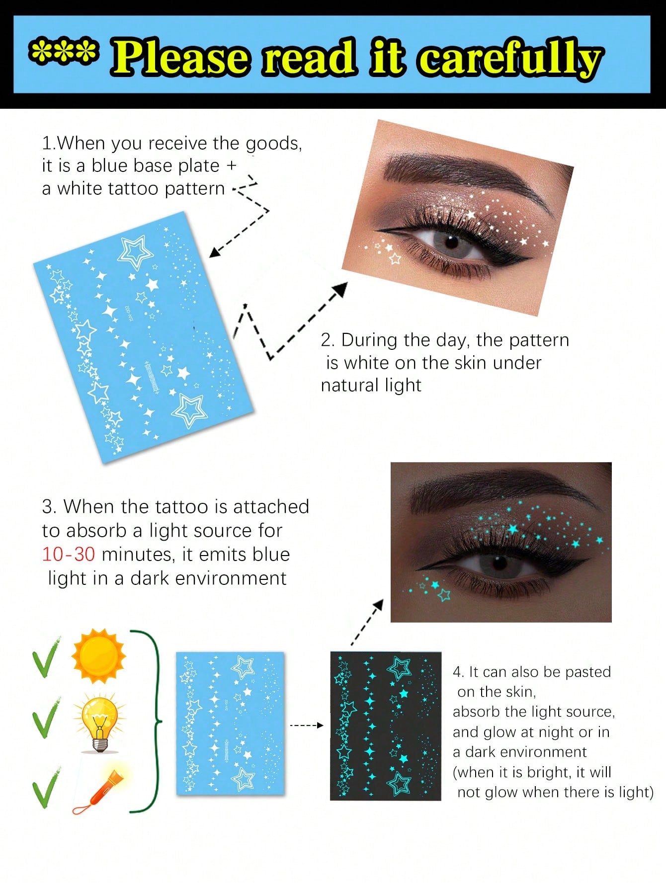 1 pieza Tatuaje temporal de arte corporal luminoso con tinta blanca y que brilla en la oscuridad, diseño de estrella resplandeciente para ojos, tatuaje falso brillante a prueba de agua para la cara y el Body, dura de 2 a 5 días