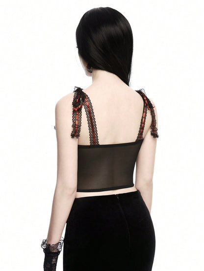 ROMWE Goth Top de tirantes de malla con estampado de serpiente para mujer con colgante cruzado, diseño de lazo y encaje