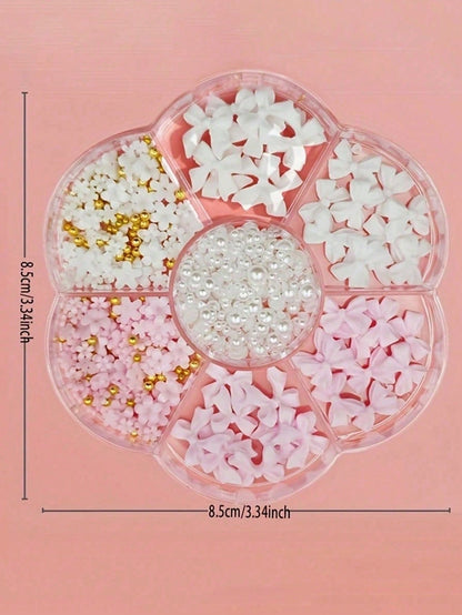 Kit de decoraciones para uñas con flores 3D en forma de lazo, decoraciones de arte de uñas rosa y blanco con medias perlas, gemas acrílicas florales lindas para manualidades de manicura DIY