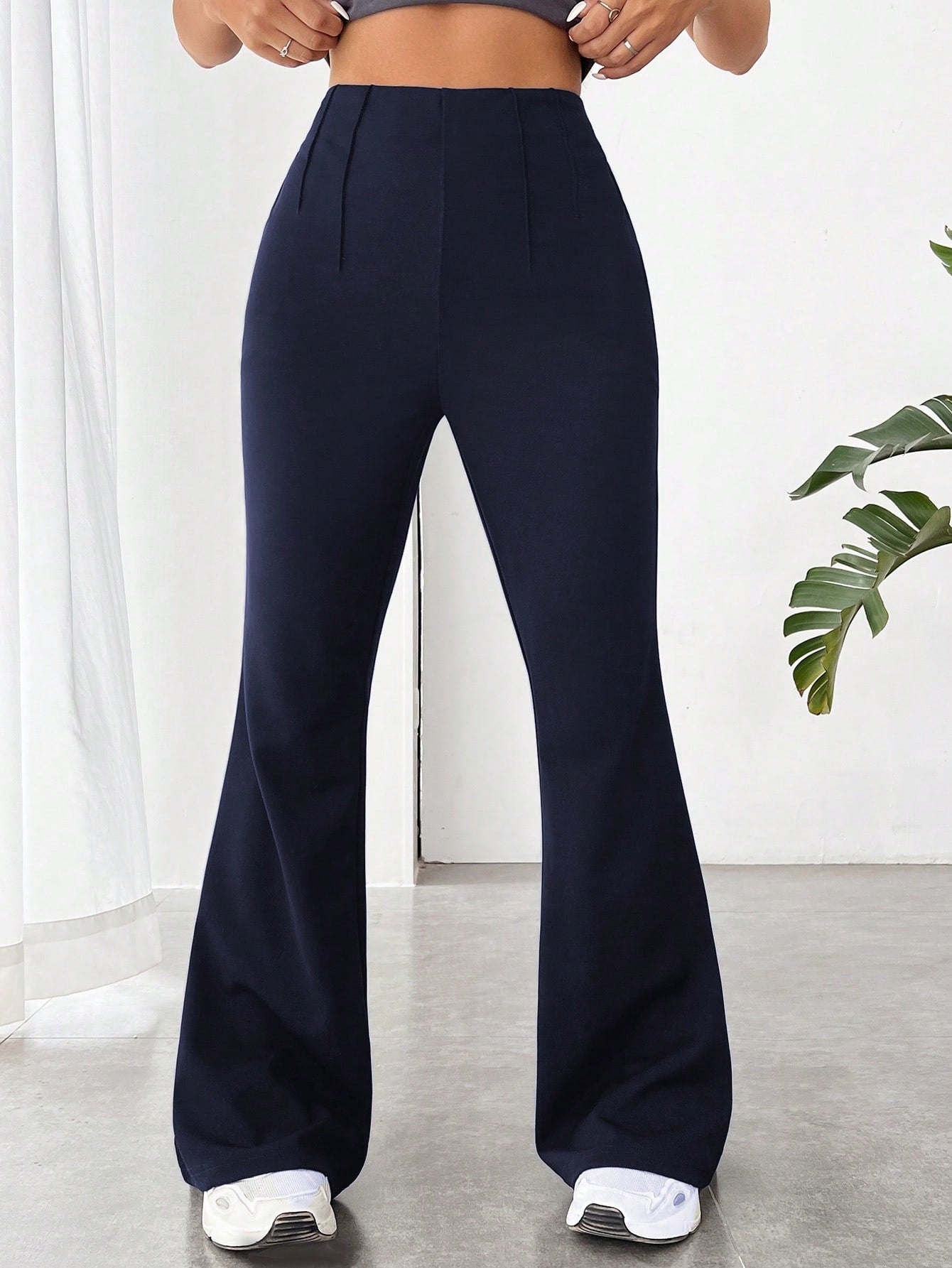 SHEIN EZwear Pantalones acampanados básicos de punto azul marino para mujer para uso diario