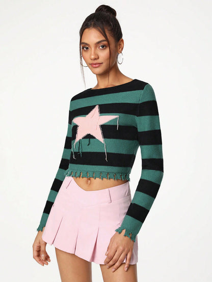 Threesuture Suéter de mujeres artista con bloque de color, patrón de rayas y estrellas, acabado desgastado, ropa de mujer para otoño e invierno
