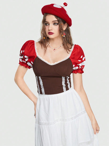 ROMWE Fairycore de color combinado con estampado de lunares con encaje en contraste de manga farol Disfraz Blusa
