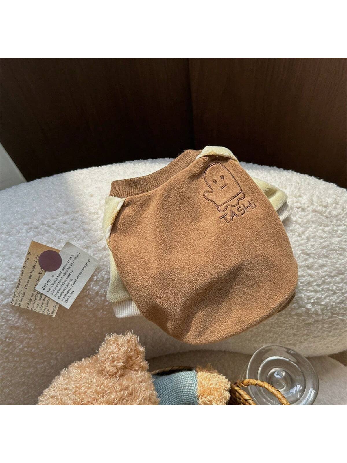 1 pieza Ropa para mascotas de color café con cuello redondo y mangas raglan para perros y gatos pequeños/medianos, otoño/invierno