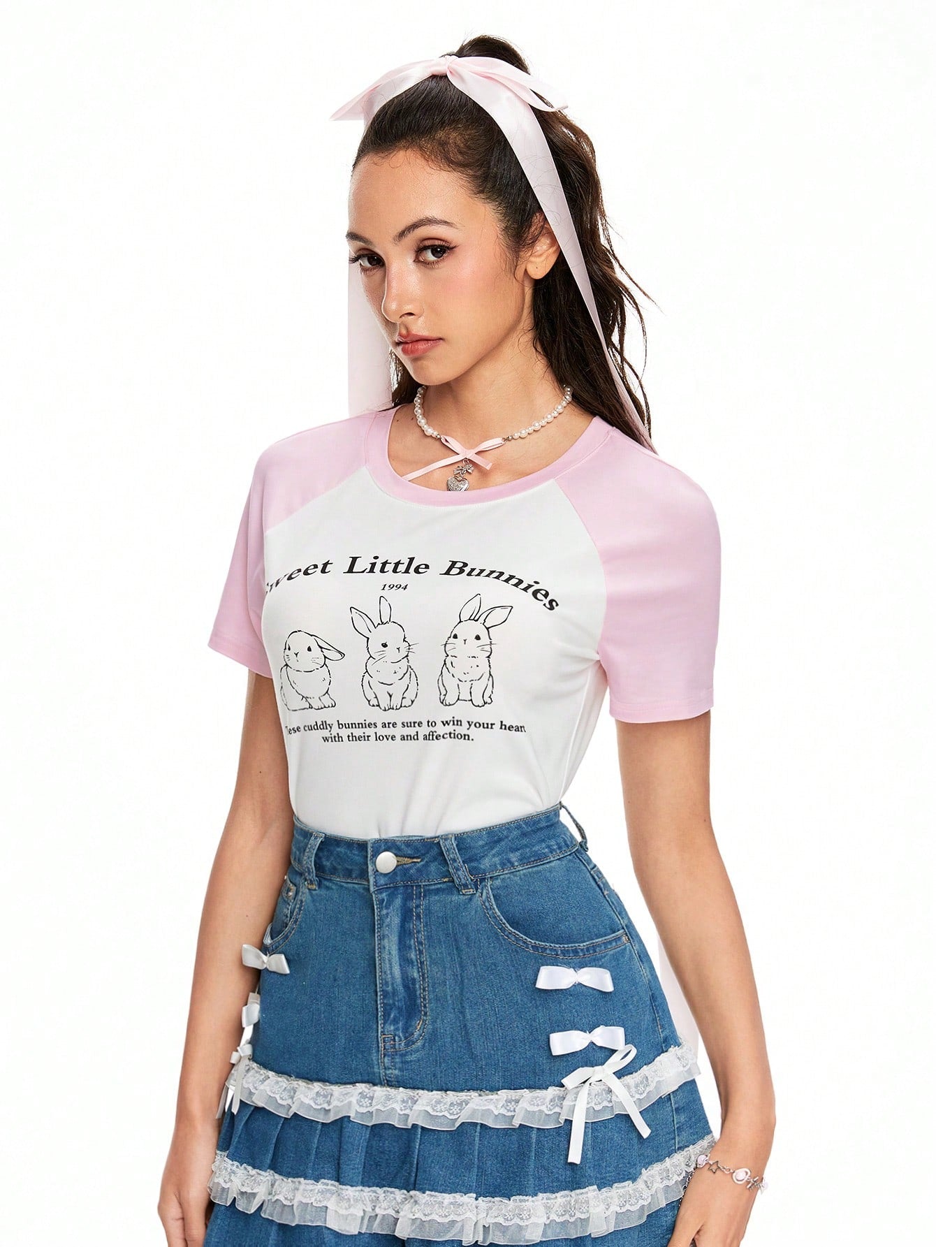 ROMWE Kawaii Camiseta de mujer con cuello redondo y mangas cortas, estampado de conejo, para verano, escuela