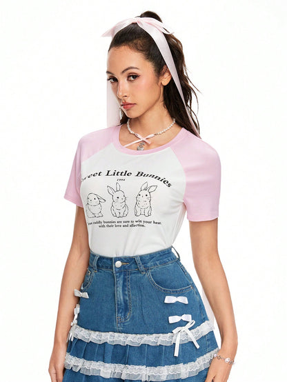 ROMWE Kawaii Camiseta de mujer con cuello redondo y mangas cortas, estampado de conejo, para verano, escuela