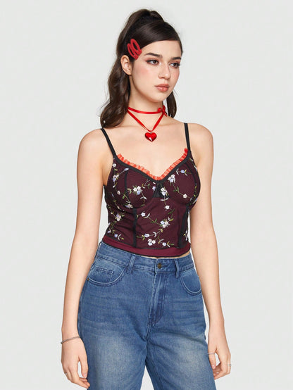 Sweetness Top Tank Doble Capa Bordado Floral Retro Para Mujer