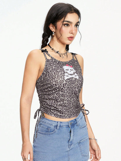 ROMWE Kawaii Top de cuello redondo para mujer con estampado de leopardo de verano Y2K y bordado de cráneo con lazo