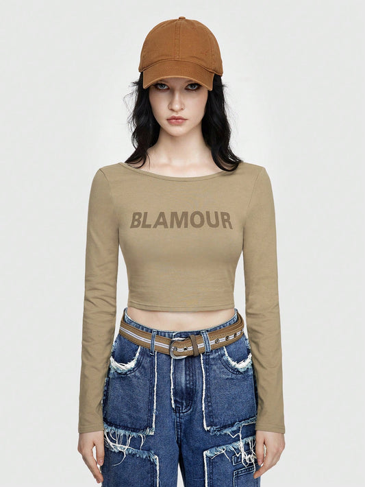 ROMWE Grunge Punk Camiseta De Impresión De Letras Con Diseño De Espalda Abierta En Estilo Al Aire Libre De Maillard