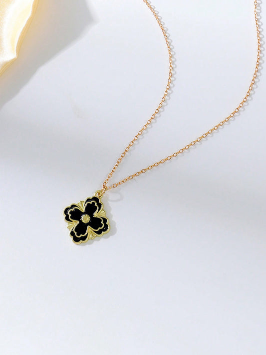 1 pieza Hermoso collar con colgante de trébol de la suerte vintage con doble decoración floral para uso diario de las mujeres
