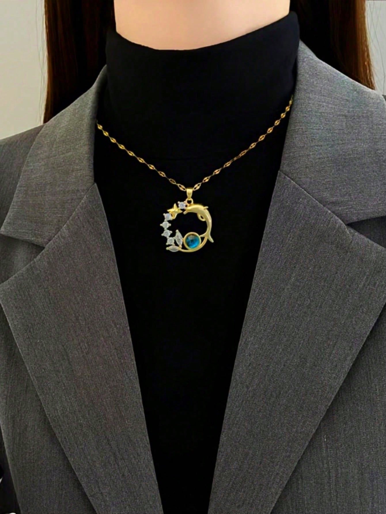 Hermoso collar colgante de acero inoxidable con cadena de suéter decorativa, accesorio de joyería de moda con colgante redondo de cobre incrustado con circonita y cielo estrellado y planeta, decoración elegante para fiesta.