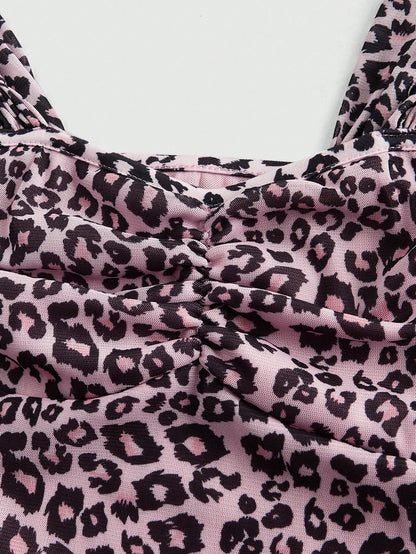 ROMWE J-Fashion Top de tirantes con estampado de leopardo sexy para mujer, cuello corazón con escote pronunciado, cordones con lazo, malla elástica apretada, adecuado para mujeres maduras, atractivas y versátiles, escuela