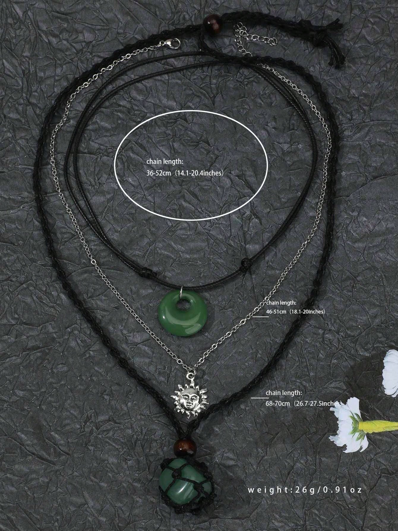 Set de joyería de 3 piezas para mujeres bohemias Y2K compuesto por collar red ajustable de piedra con hebilla tipo paz en estilo gótico antiguo confeccionado con Liuli y verde oscuro / verde claro como jade